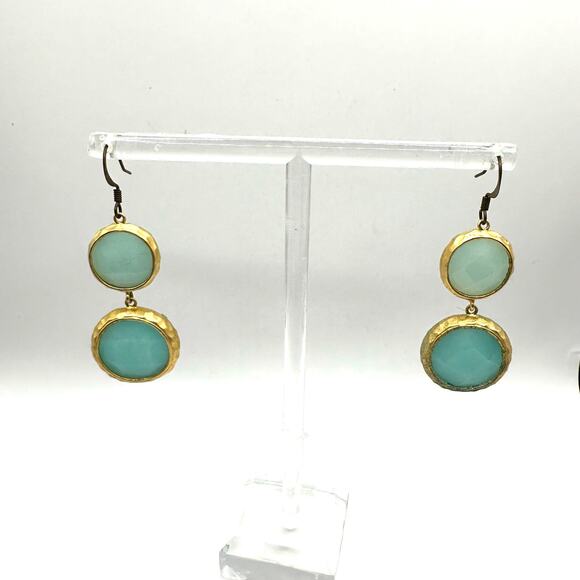 Unbranded Pierced Earrings Teal Green Gold Faceted Drop Dangle Summer Round - Picture 1 of 7